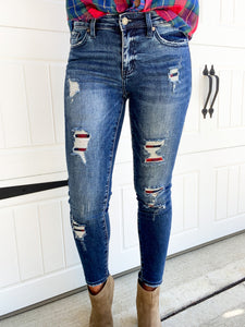 Plaid Patch Skinny Jeans